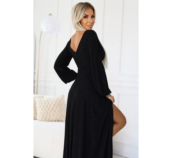 Černé dlouhé lesklé dámské šaty s výstřihem a dlouhými rukávy model 20620011 - numoco