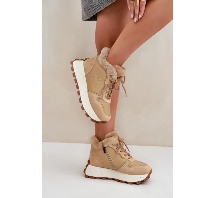 Kožené dámské tenisky trapery s kožíškem na platformě Big Star OO274A330 béžové Kožené dámské tenisky trapery s kožíškem na platformě Big Star OO274A330 béžové