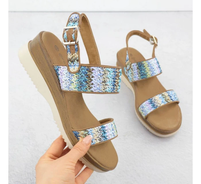 Dámské sandály na podpatku modré pletené Potocki 45302