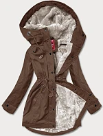 Dámská zimní bunda s vložkami z ekokůže hnědá (2M-21A93)
