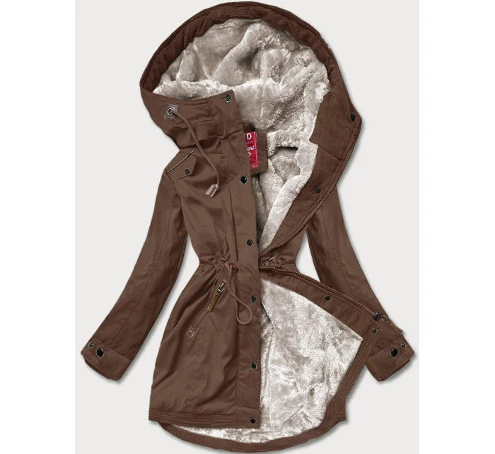Hnědá dámská zimní bunda parka se vsadkami z eko kůže (2M-21A93)