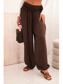 Dámské viskózové kalhoty s širokými nohavicemi a volánky hnědý