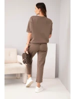 Dámský kompletní viskózový krém s krátkým rukávem a kalhotami s ohrnutým lemem mocca