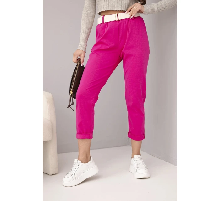 Dámské bavlněné kalhoty s páskem a ohrnutými nohavicemi model 22010182 - K-Fashion