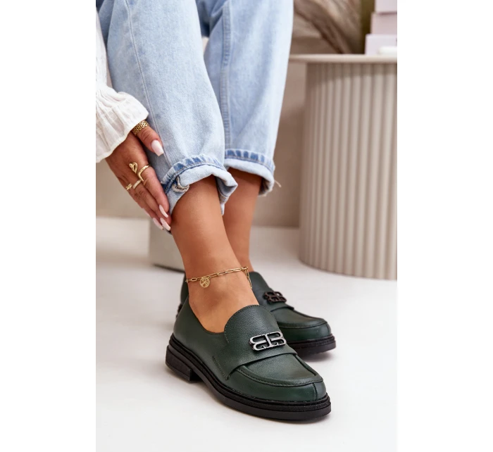 Zazoo 20174 Kožené Elegantní Polobotky Dámské Na Plochém Podpatku Tmavě Zelené