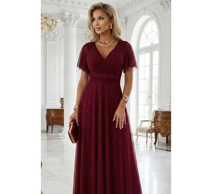 Dlouhé lesklé šaty 635-5 MELANIA vínové - Numoco Dlouhé lesklé šaty 635-5 MELANIA vínové - Numoco