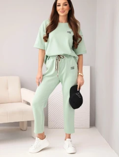 Dámský komplet viskózový máslo s krátkým rukávem a kalhotami s ohrnutým nohavicí tmavě mátový