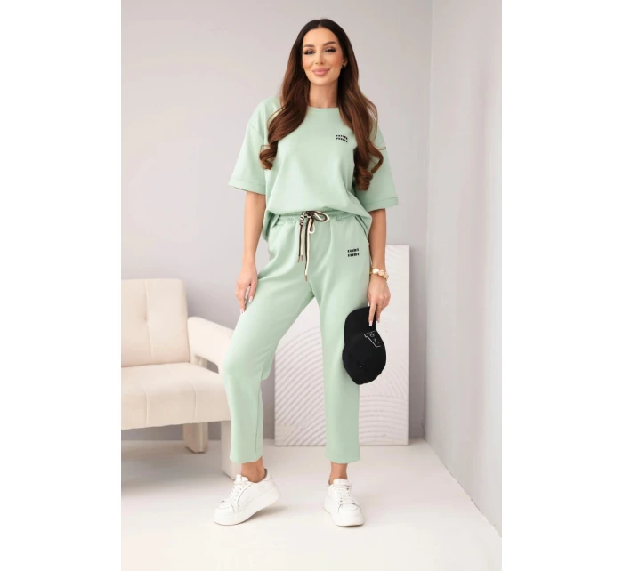 Dámský komplet viskózový máslo s krátkým rukávem a kalhotami s ohrnutým nohavicí tmavě mátový