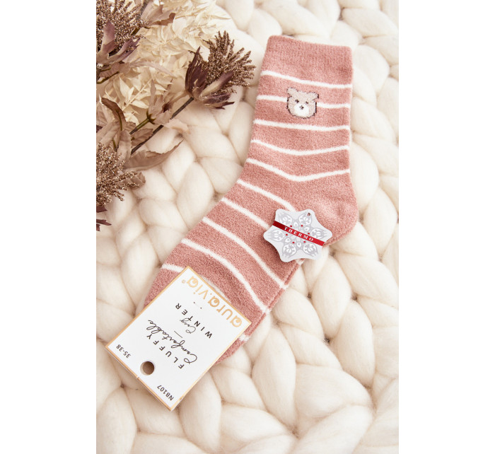 Dámské teplé pruhované ponožky s medvídkem, růžové