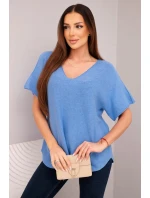 Dámská svetr s krátkým rukávem a výstřihem do V džínová