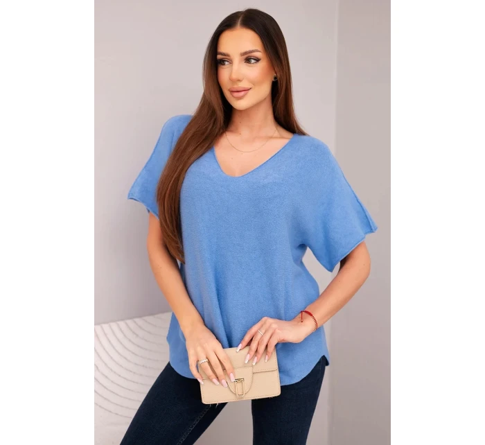 Dámská svetr s krátkým rukávem a výstřihem do V džínová