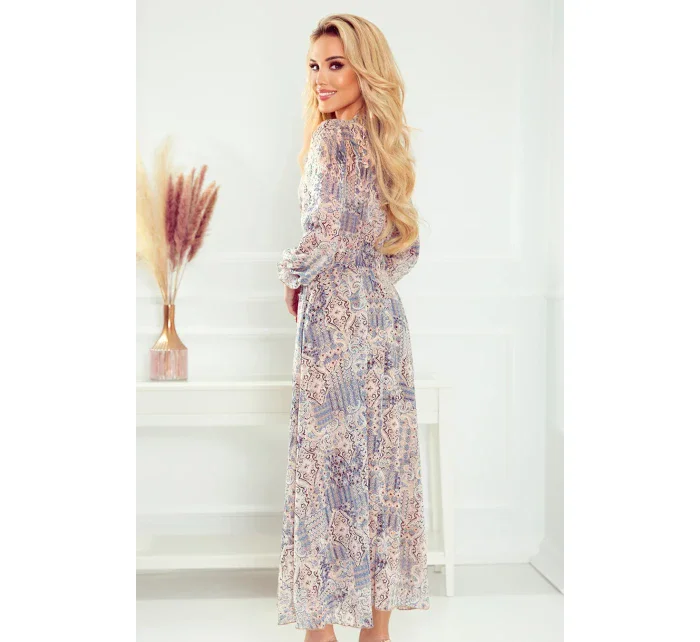 Dámské šifonové béžovo-světle modré midi šaty se vzorem "boho" 378-2