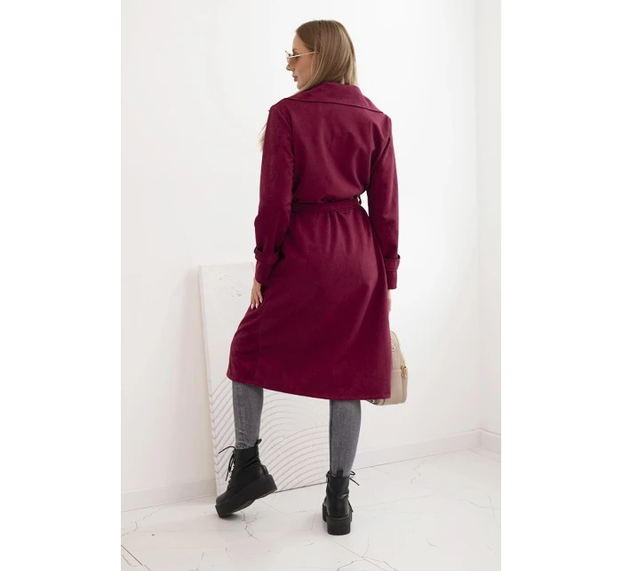 Dámský semišový plášť v pase vázaný s límcem a knoflíky bordový Dámský semišový plášť v pase vázaný s límcem a knoflíky bordový