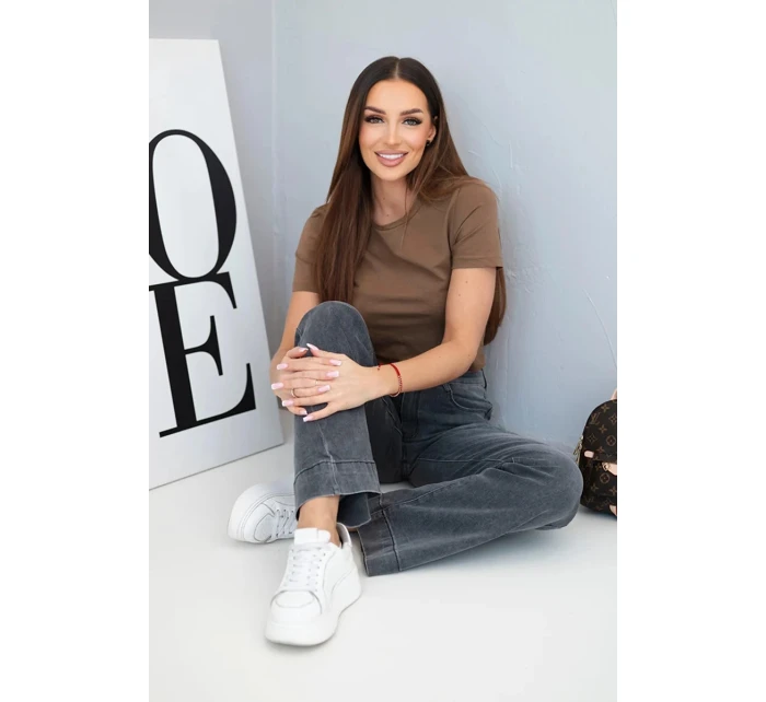 Dámské model 21903502 kalhoty s rovnými nohavicemi a vysokým pasem grafitové - K-Fashion