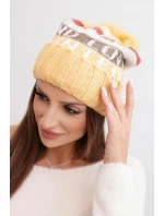 Dámská zimní čepice s vlnou a nápisem s velkým bambulí K422 musardová