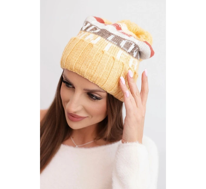 Dámská zimní čepice s vlnou a nápisem s velkým bambulí K422 musardová