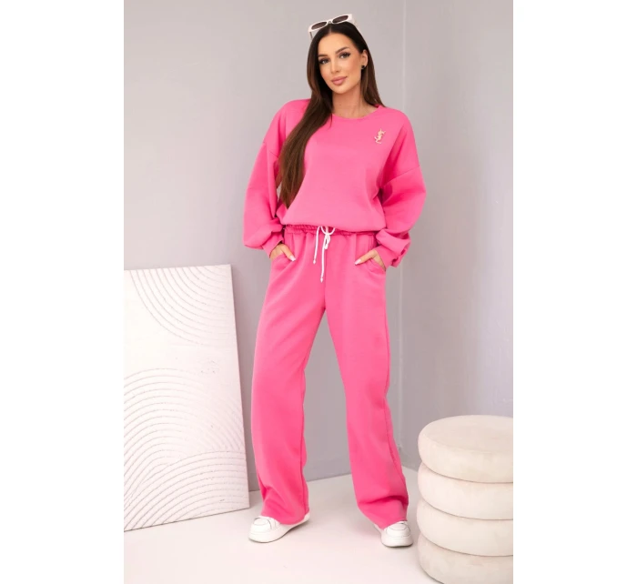 Dámská souprava máslová mikina s broží a kalhoty s rovnými nohavicemi růžový