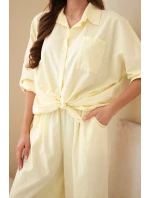 Dámský bavlněný komplet s model 22015466 košilí a širokými nohavicemi žlutý - K-Fashion