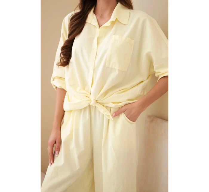Dámský bavlněný komplet s model 22015466 košilí a širokými nohavicemi žlutý - K-Fashion