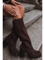 Dámské zimní kozačky na masivním podpatku čokoládové model 21715042 - Boto