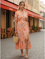 Dámské midi šaty s květinovým vzorem oranžové FashionStreet EY2657 Dámské midi šaty s květinovým vzorem oranžové FashionStreet EY2657