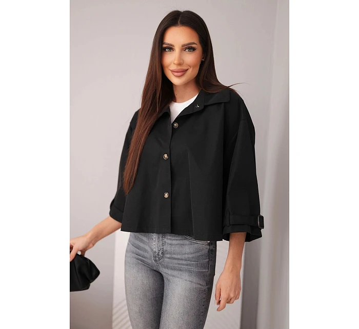 Dámská jarní bavlněná bunda model 22084767 na knoflíky s límcem černá - K-Fashion