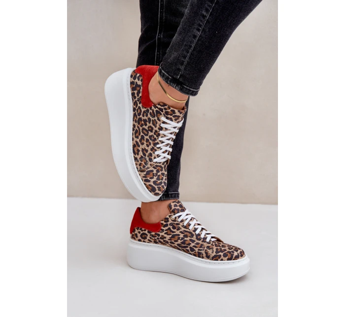 Kožené sneakerky na platformě s leopardím vzorem Zazoo 3346 hnědo-červené