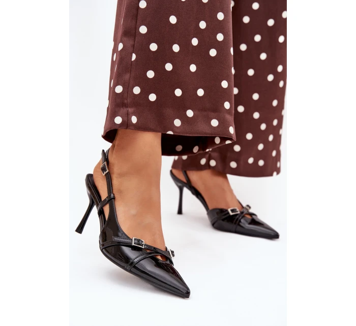 Dámské lakované lodičky s odkrytou patou a pásky Ravira – černé Dámské lakované lodičky s odkrytou patou a pásky Ravira – černé