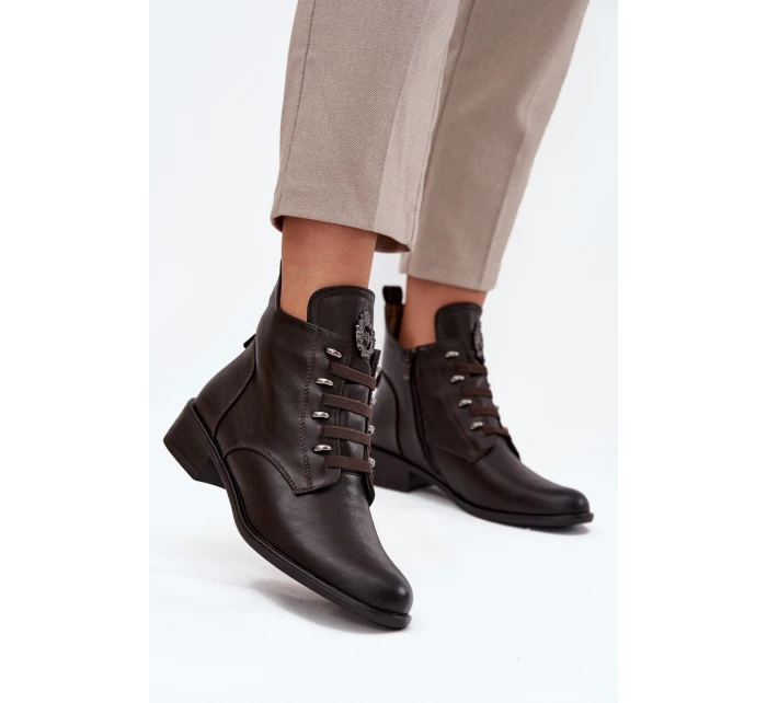 Dámské nízké zateplené kotníkové botky na zip s ozdobou – hnědé Nevalia