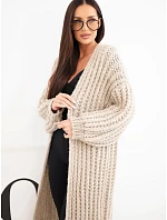 Dámský dlouhý model 22353175 cardigan bez zapínání se širokým rukávem béžový - K-Fashion