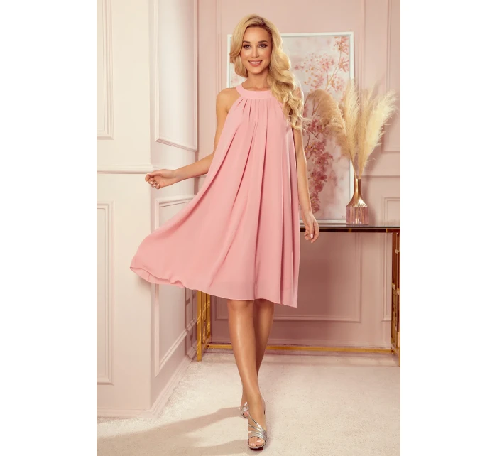 ALIZEE - dámské šifonové šaty v pudrově růžové barvě s vázáním 350-2
