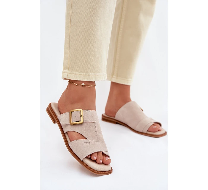 Semišové dámské nazouváky na plochém podpatku s přezkou Big Star TT274476 Béžové