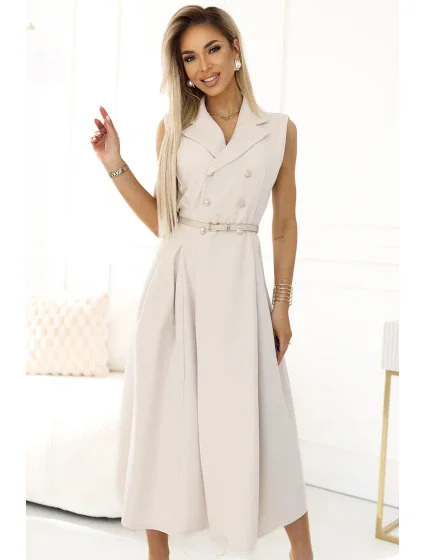 596-1 Elegantní midi košilka se zlatými knoflíky a páskem - BEACH