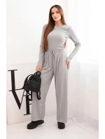 Dámská viskózová souprava s halenkou a širokými kalhotami šedá