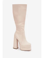 Zateplené dámské kozačky na podpatku a platformě světle béžové model 21704844 - Boto