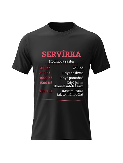 Dámské bavlněné tričko s potiskem - HODINOVÁ SAZBA SERVÍRKA - černé