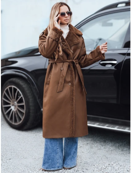 Dámský zimní kabát dlouhý hnědý kožený Dstreet model 21990801 - FashionStreet