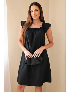 Dámské bavlněné šaty s nařaseným výstřihem a volánkem černá