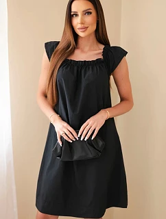 Dámské bavlněné šaty s nařaseným výstřihem a volánkem černá