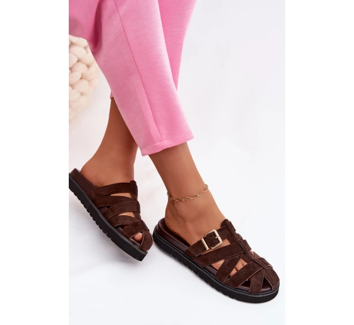 Dámské pantofle s pásky a zlatým přezkou Čokoládové Roselisse