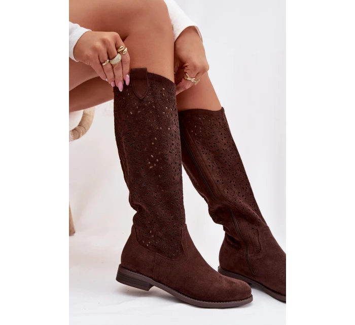 Dámské síťované kozačky na nízkém podpatku model 21998041 Čokoládové - S.Barski