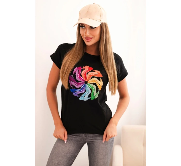 Dámská bavlněná blůza s krátkým rukávem a barevným potiskem černá