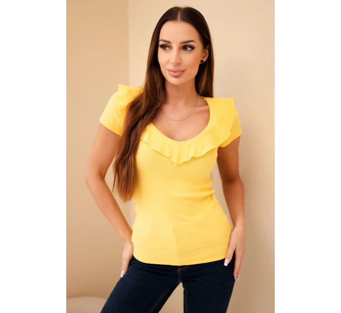 Dámská bavlněná blůza s dlouhým rukávem a lodičkovým výstřihem musztardová
