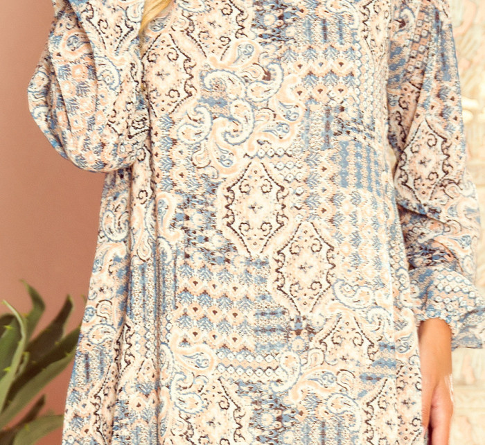 HANNAH - Dámské šifonové šaty s výstřihem na zádech a s béžovo-světle modrým vzorem typu "boho" 319-2