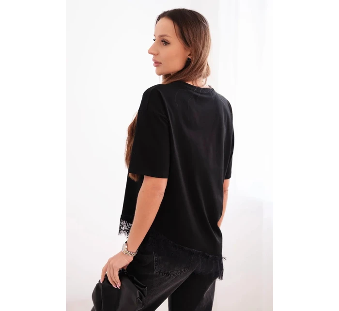 Dámská asymetrická bavlněná blůza s krajkou dole černá Dámská asymetrická bavlněná blůza s krajkou dole černá