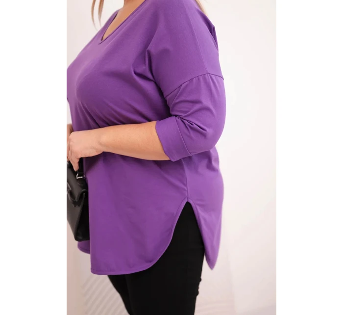 Dámská bavlněná blůza Plus Size s výstřihem do V a ohrnutým rukávem fialová