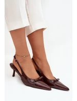 Lakované lodičky na jehlovém podpatku s mašličkou čokoládové Olvena