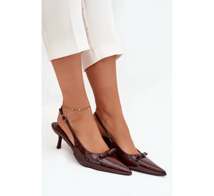 Lakované lodičky na jehlovém podpatku s mašličkou čokoládové Olvena