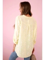 Lněná dámská halenka s květinovým vzorem, dlouhými rukávy a knoflíky Žlutá Lněná dámská halenka s květinovým vzorem, dlouhými rukávy a knoflíky Žlutá