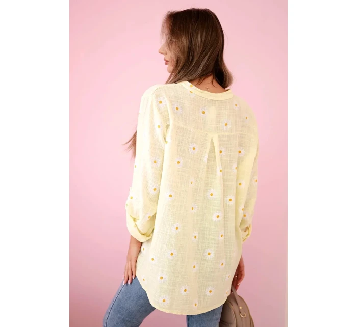 Lněná dámská halenka s květinovým vzorem, dlouhými rukávy a knoflíky Žlutá Lněná dámská halenka s květinovým vzorem, dlouhými rukávy a knoflíky Žlutá